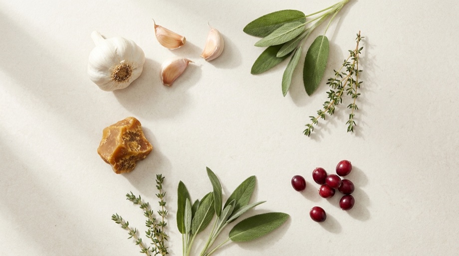 Alho, própolis, ervas e cranberry sobre fundo claro — ativos naturais da fórmula