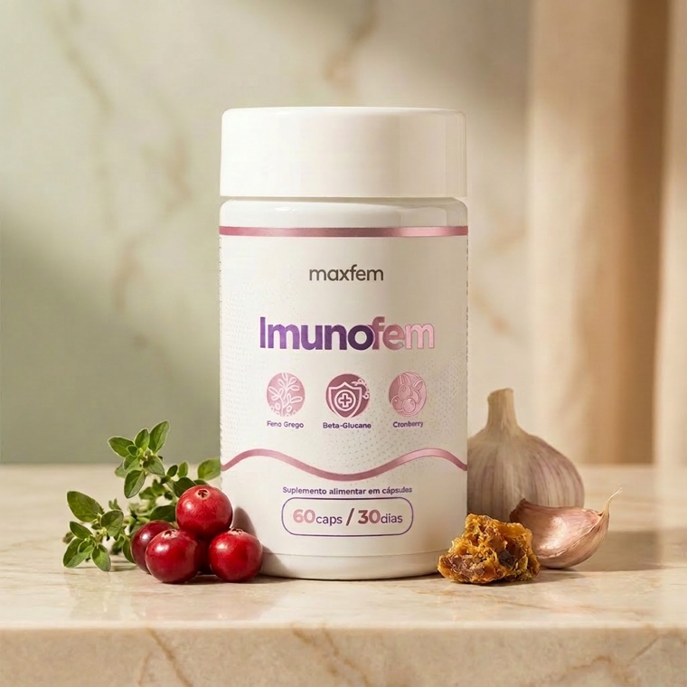 Frasco do suplemento Imunofem da Maxfem sobre mármore, com cranberry, alho, própolis e ervas — os ativos naturais da fórmula
