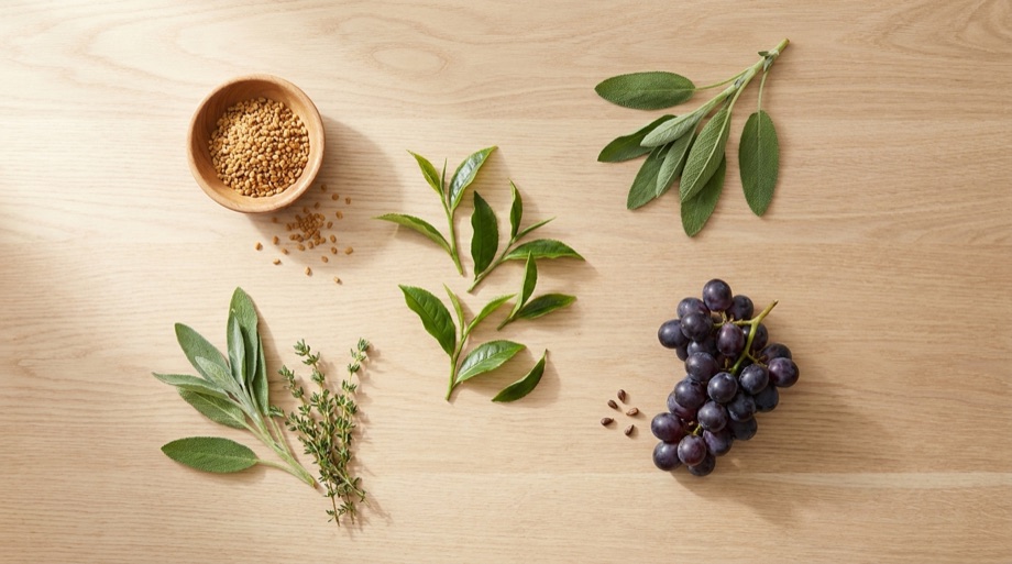Feno-grego, chá-verde, uvas e ervas sobre fundo claro — ativos naturais da fórmula