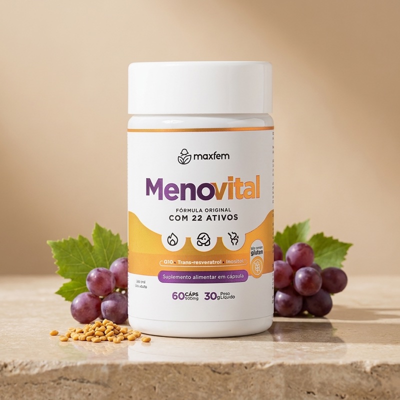 Frasco do suplemento Menovital da Maxfem com 22 ativos, fórmula original