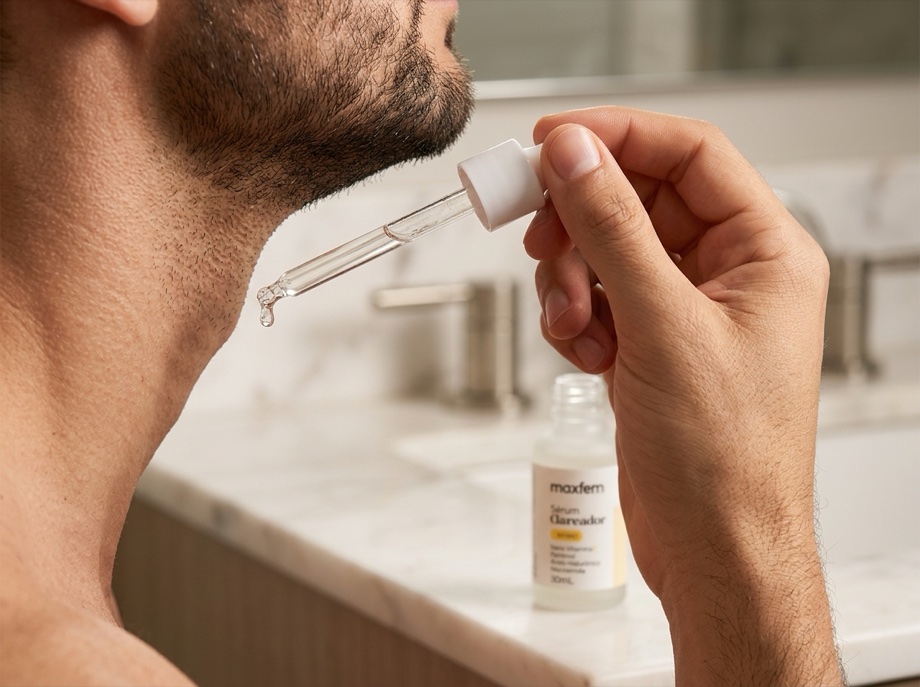 Conta-gotas de vidro fosco aplicando uma gota de sérum na pele