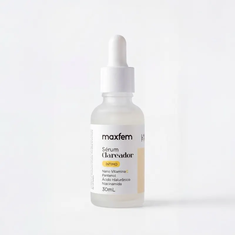 Frasco do Sérum Clareador Maxfem 30ml com conta-gotas — Nano Vitamina C, Pantenol, Ácido Hialurônico e Niacinamida