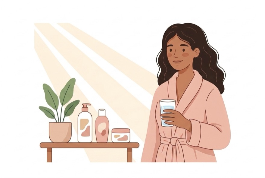 Ilustração de uma mulher de roupão segurando um copo de água ao lado de uma mesinha com produtos de cuidado e uma planta