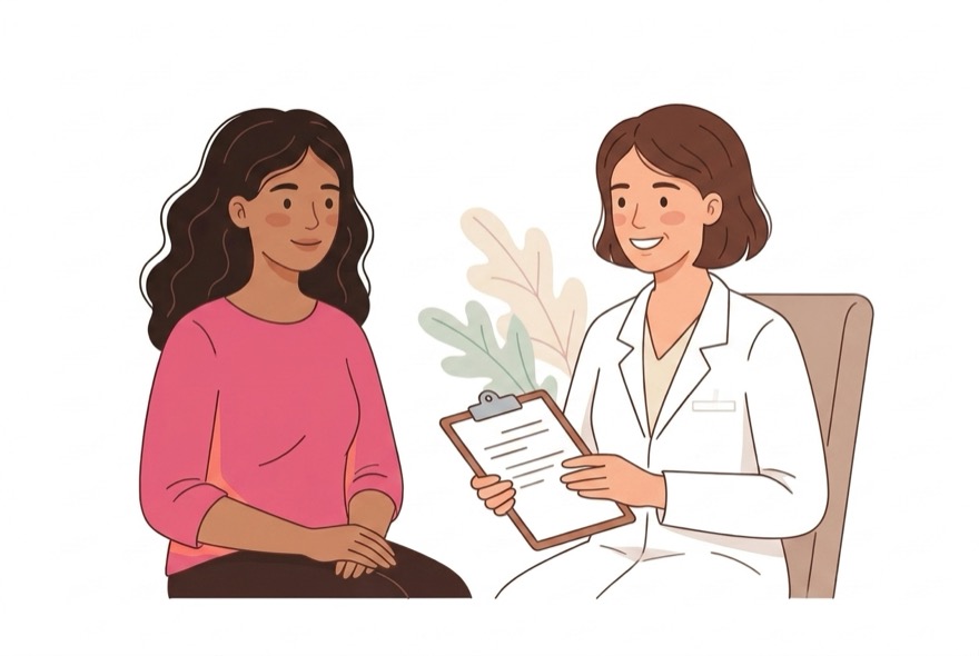 Ilustração de uma mulher conversando tranquilamente com uma ginecologista em consultório acolhedor