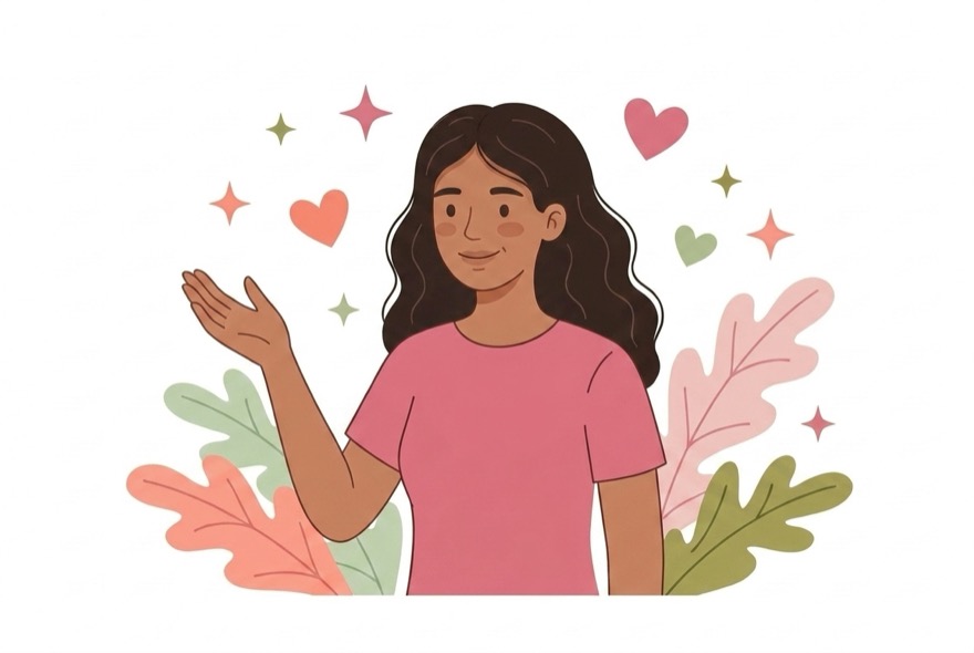 Ilustração de uma mulher sorridente e confiante, cercada de corações, folhas e brilhos