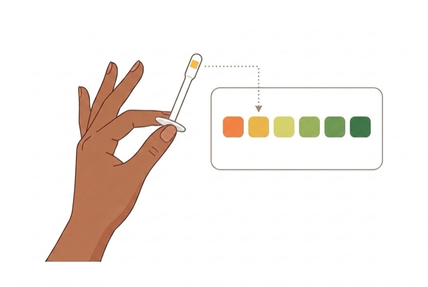 Ilustração de uma mão aproximando o aplicador de uma cartela com escala de cores do laranja ao verde para comparação