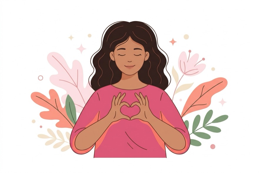 Ilustração de uma mulher com as mãos em formato de coração sobre o peito, cercada de folhas e flores