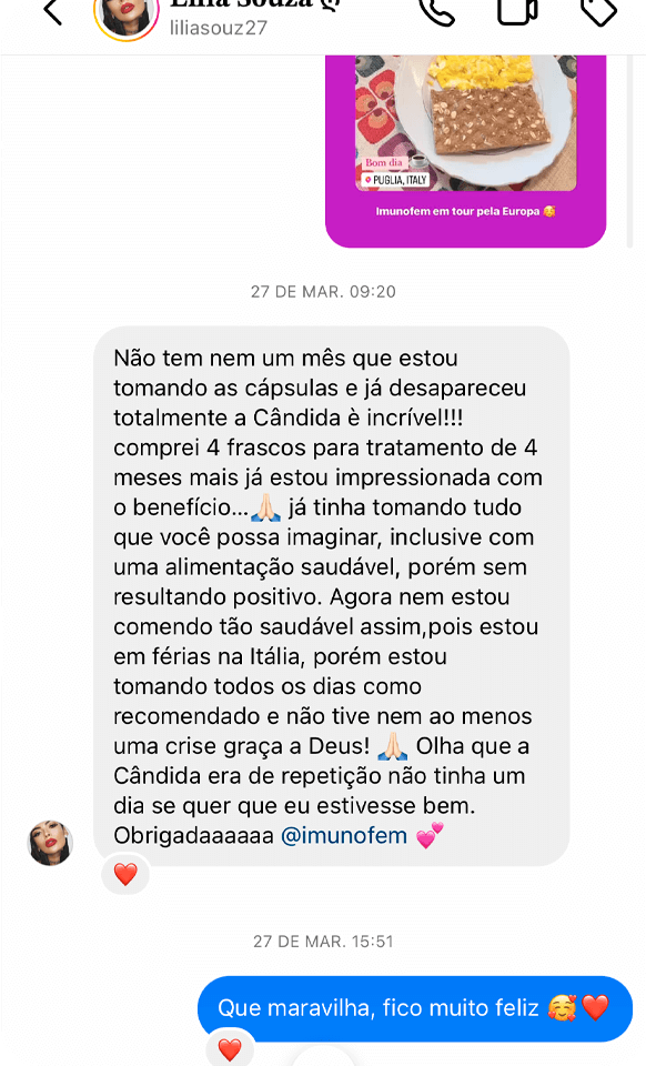 Print de WhatsApp — cliente satisfeita com Imunofem Gummy