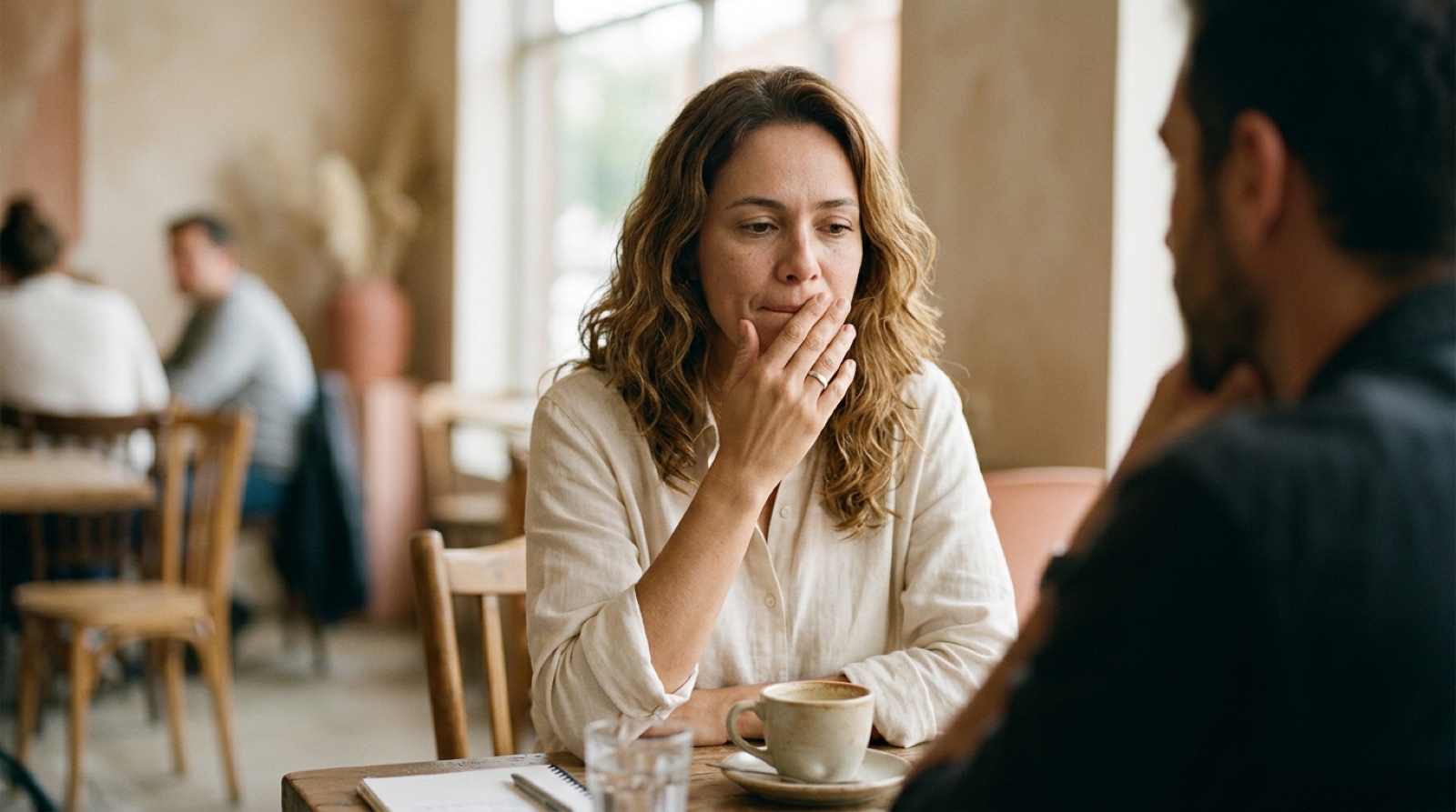 Mulher em um café cobrindo a boca com a mão enquanto conversa