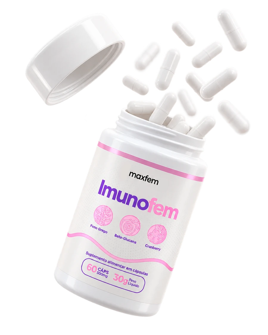Imunofem Maxfem, frasco aberto com as cápsulas