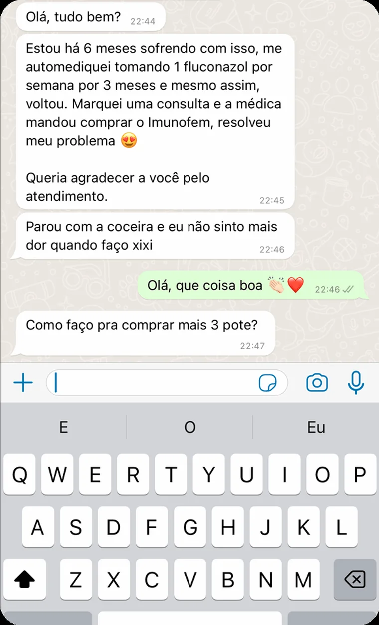 Print de mensagem enviada por cliente do Imunofem ao suporte da Maxfem