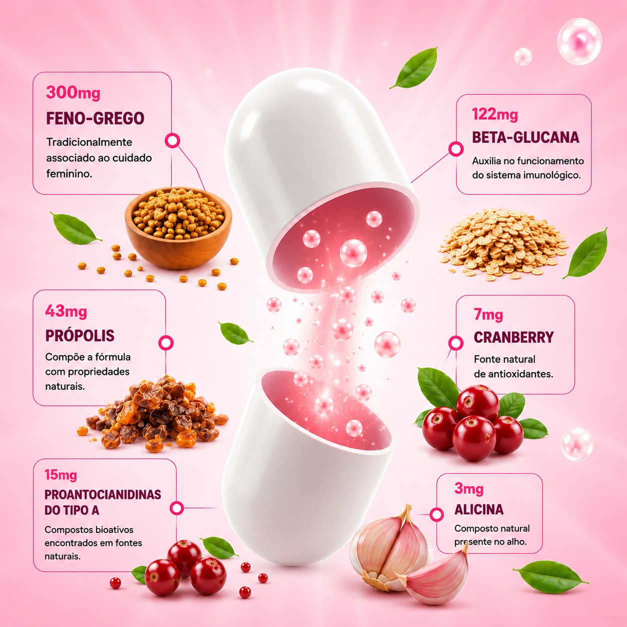 Bioativos do Imunofem: feno-grego 300 mg, beta-glucana 122 mg, própolis 43 mg, cranberry 7 mg, proantocianidinas do tipo A 15 mg e alicina 3 mg