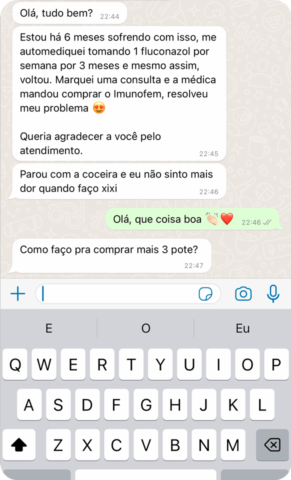 Print de WhatsApp — feedback positivo sobre o Imunofem