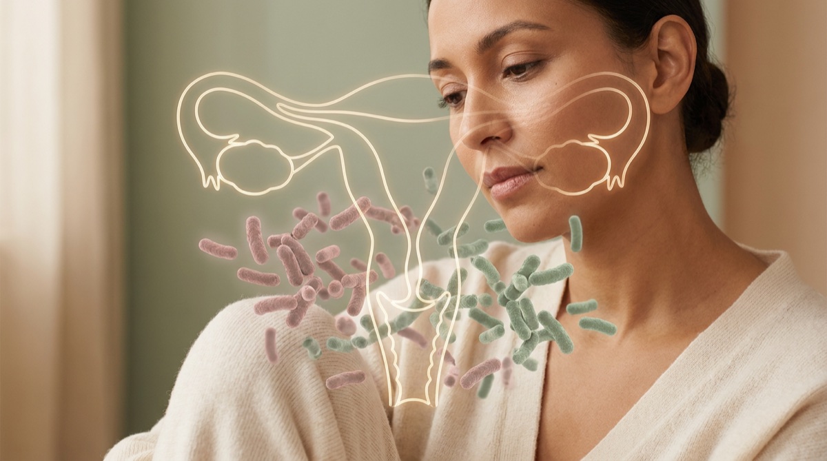 Ilustração da flora vaginal, bactérias boas e ruins disputando espaço