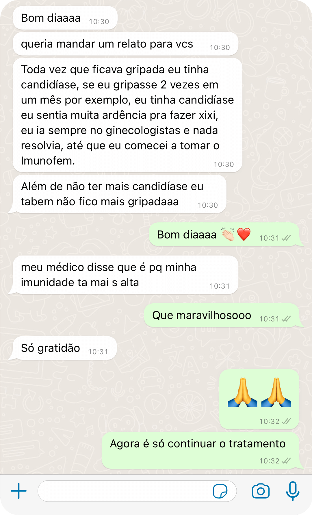 Print de WhatsApp: cliente relata que tinha candidíase sempre que gripava e parou depois do Imunofem