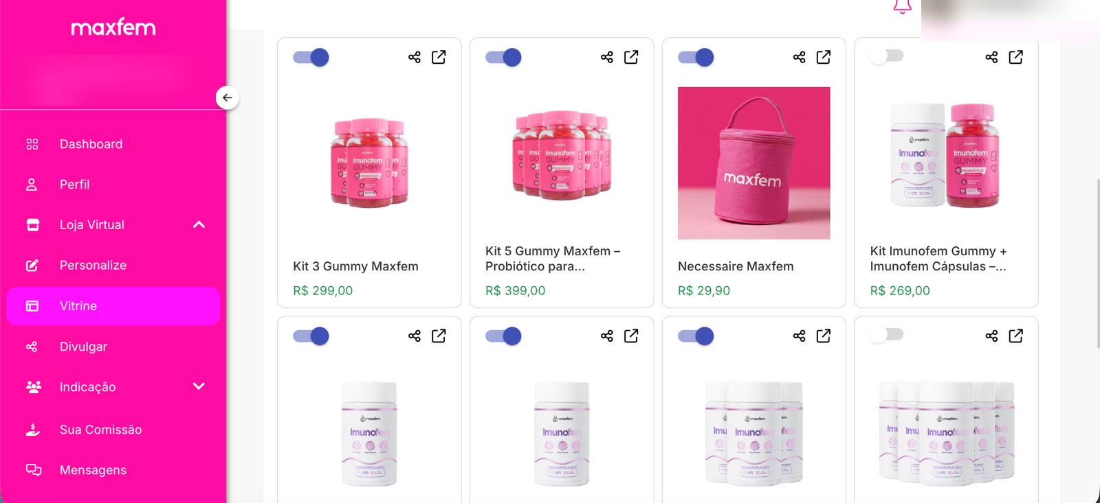 Tela da Vitrine na plataforma Minha Maxfem com produtos habilitados
